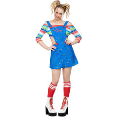 Adult Chucky costume front view with striped long sleeve top and blue mini pinafore dress – horror movie character outfit.