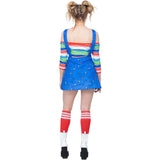 Rear view of Chucky costume showing back of pinafore dress and striped top – Halloween horror theme for adults.