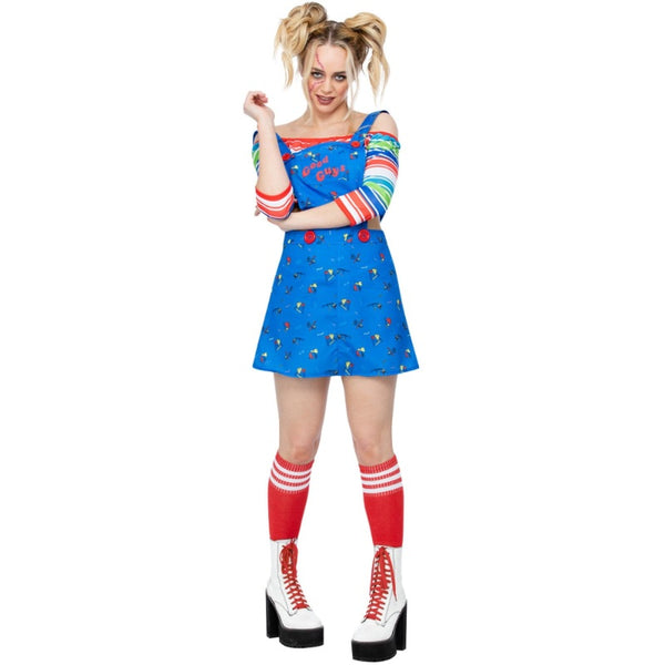 Adult Chucky costume front view with striped long sleeve top and blue mini pinafore dress – horror movie character outfit.