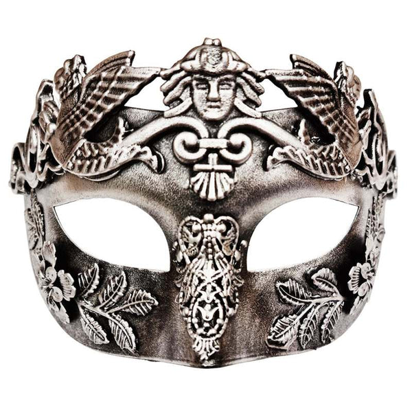 Silver Venetian masquerade mask with Roman detailing – Cicero style