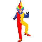 Funny clown costume with colourful hat and pom pom details