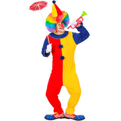 Adults wearing colourful clown costumes with circus jumpsuits, pom pom details, and matching clown hats