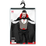 Traditional Dracula costume with red collar cape and gloves packaging
