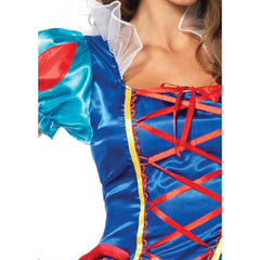 Woman wearing Classic Fairytale Princess Costume with long yellow skirt and red bow headband