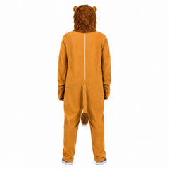 Adult wearing classic lion costume with faux fur mane hood and tail