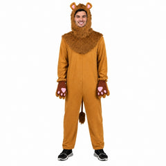 Adult wearing classic lion costume with faux fur mane hood and tail