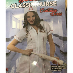 Classic Nurse Ladies Costume, white zips up at the front with red trim, includes dress and head cap.