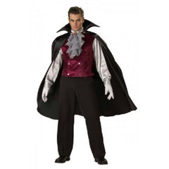 Classic Vampire - Hire, dark red and silver shirt, hire includes, cape, shirt and neck frill.