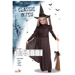 Classic Witch Costume - Child - Dr Toms, long black dress with cape, hat and belt.