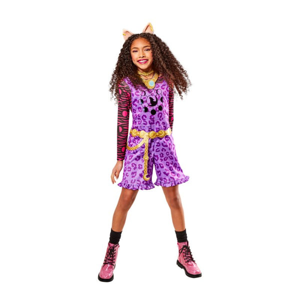 Child Clawdeen Wolf costume with purple playsuit, belt, necklace, and 3D werewolf ear headband