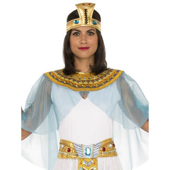 Cleopatra Costume - Adult, white long dress with accordian pleated ankle length skirt, attached detailed gold belt. Capelet with printed detail and jewel embellishment plus snake headdress.