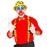 Clown wearing colourful braces, box tie and nose
