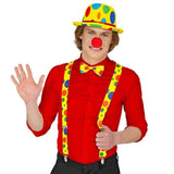 Yellow Y-back clown braces with colourful dot pattern