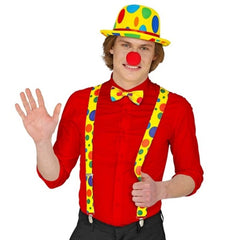 Clown accessory set with yellow braces bow tie and red foam nose