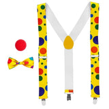 Clown accessory set with yellow braces bow tie and red foam nose