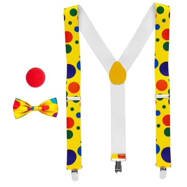 Clown accessory set with yellow braces bow tie and red foam nose