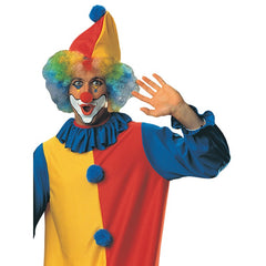 clown adult costume by rubies,  half red/yellow jumpsuit with blue sleeves and neck frill matching hat.