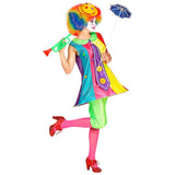 colourful clown costume with hooped hemline and pantaloons