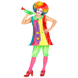 woman wearing clown dress with hooped hemline, tie and pantaloons