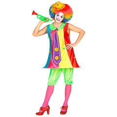 Colourful Clown Costume for adults with hooped dress, pantaloons, and tie – perfect for circus parties, Book Week, or Halloween.