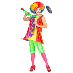 Colourful Clown Costume for adults with hooped dress, pantaloons, and tie – perfect for circus parties, Book Week, or Halloween.