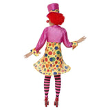 Clown Lady Costume, Multi-Coloured spot hooped dress, pink jacket, tights, hat and bow tie.