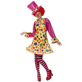 Clown Lady Costume, Multi-Coloured spot  hooped dress, pink jacket, tights, hat and bow tie.