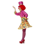 Bright Clown Lady Costume with spotty dress, hat, and striped tights