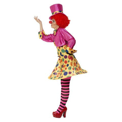 Clown Lady Costume, Multi-Coloured, yellow-spot hoop dress with pink short shirt, stripy tights and pink top hat.
