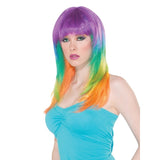 Club Candy Prism Wig – long, straight rainbow ombré wig with full fringe, made from synthetic fibres; perfect for 1980s, neon, or pop star-themed costumes.