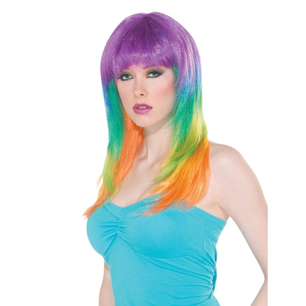 Club Candy Prism Wig – long, straight rainbow ombré wig with full fringe, made from synthetic fibres; perfect for 1980s, neon, or pop star-themed costumes.