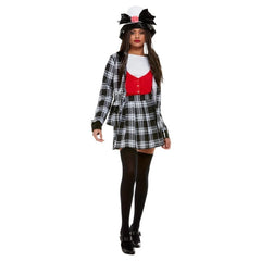 Front view of Clueless Dionne Costume with plaid jacket, skirt, red mock vest, and oversized white hat – 90s fashion outfit.
