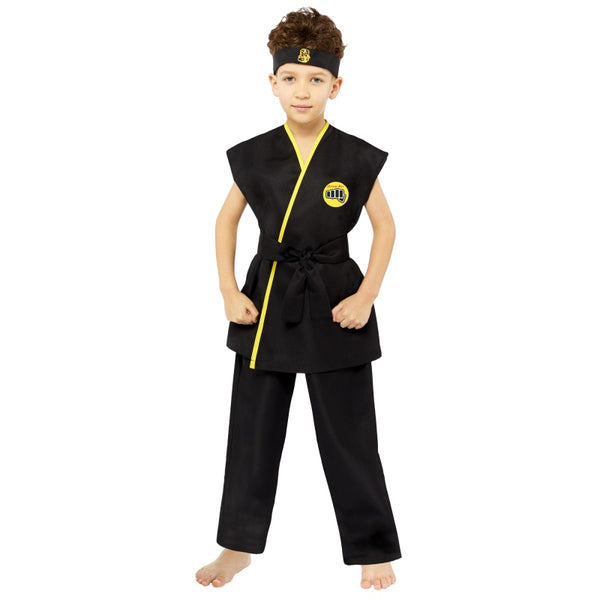 Cobra kai gi childrens costume, licensed product black with yellow trim, pants, top and headband.
