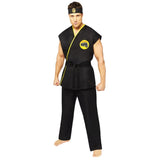 cobra kai gi mens costume, black yellow trim with logos.