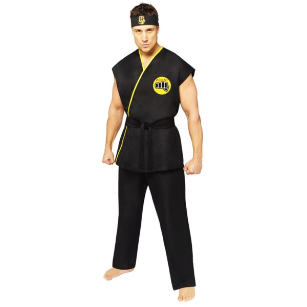 cobra kai gi mens costume, black yellow trim with logos.