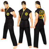 Cobra kai gi mens costume, black top and trousers with logos and headband.