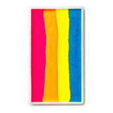 A rectangular paint palette with four vertical stripes of bright neon pink, orange, yellow, and blue paint, enclosed in a clear plastic frame.