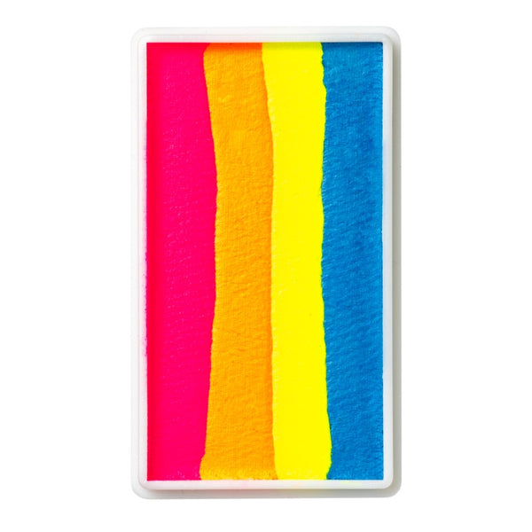 A rectangular paint palette with four vertical stripes of bright neon pink, orange, yellow, and blue paint, enclosed in a clear plastic frame.
