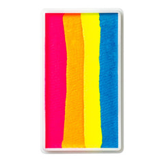 A rectangular paint palette with four vertical stripes of bright neon pink, orange, yellow, and blue paint, enclosed in a clear plastic frame.