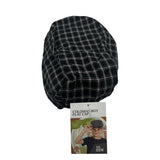 Black plaid flat cap with packaging on a white background