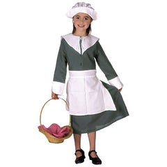 Colonial Girl, grey dress with attaached white apron, large white collar and cuffs plus hat.