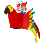 Colorful parrot hat with a red body, yellow beak, and multicolored wings on a white background.