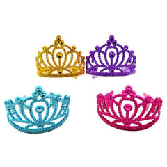 Colourful Tiara in pink, purple, gold, and blue, made from flexible plastic, suitable for adults and kids.