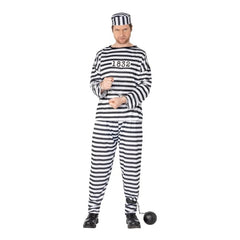 Black and white convict costume, stripe top, with id number, long pants and hat.