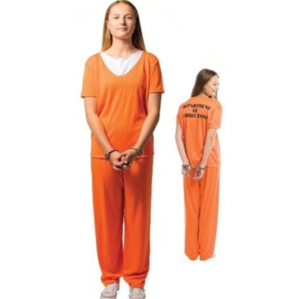 Convict Lady costume, orange pants and short sleeve top with print on back.