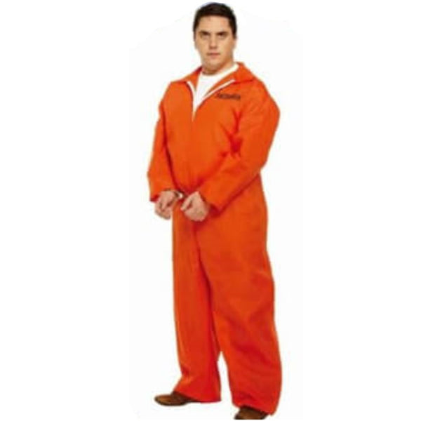 Convict, orange overalls in xl mens costume with printed numbers on chest.