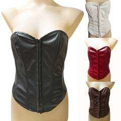 Black, red, white and brown leather look corsets on mannequins with a white background