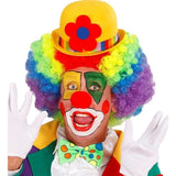 Red costume face paint shown on clown character makeup