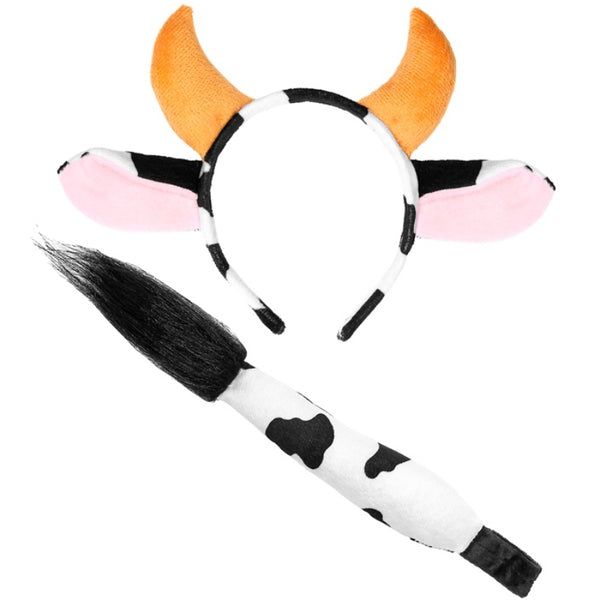 Cow accessory set with cow horn headband and matching tail for western and animal costumes