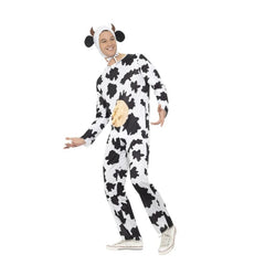 Cow costume jumpsuit, lightweight, with attached udders, seperate hood with ears and horns.